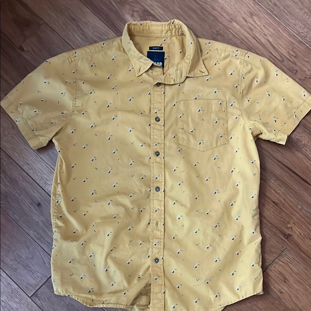 Prana Short-Sleeve Yellow Printed Button-Up Shirt